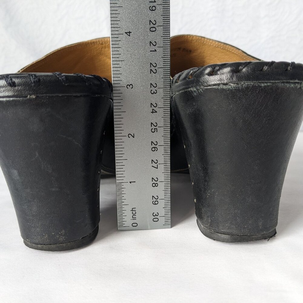 FRYE Leather Shoes Black Mule Clogs 3" Heel Charlotte Flower Size 8.5 M - Picture 6 of 14